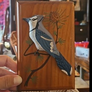 mid-century wood plaque embossed 3D Hand Carved Bluejay marked appraised @ 75$